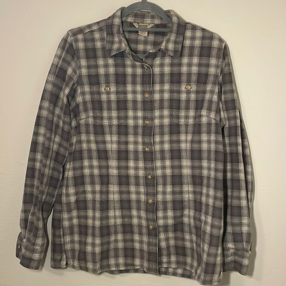 Duluth Trading Mens Shirt Medium Long Sleeve grey/white plaid 100% Cotton